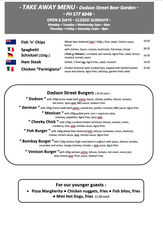 TakeAway Menu Dodson Street Beer Garden